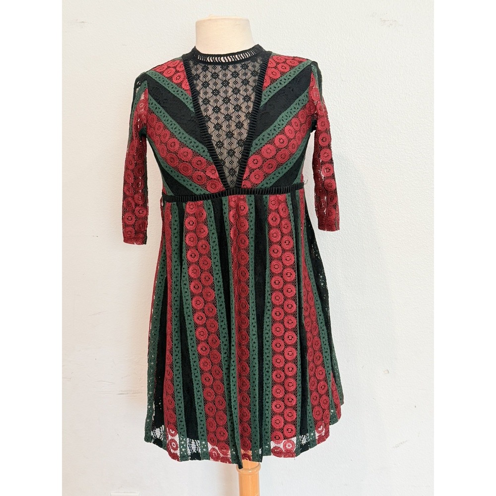 Xhilaration Lace Dress Womens Sz S Black Red Green Boho Stripe lined preppy chic
